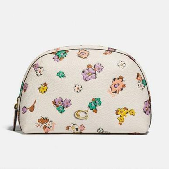 COACH Julienne Cosmetic Case 17 Floral Print Chalk Brass Leather Handbag Bag NEW - Picture 1 of 7